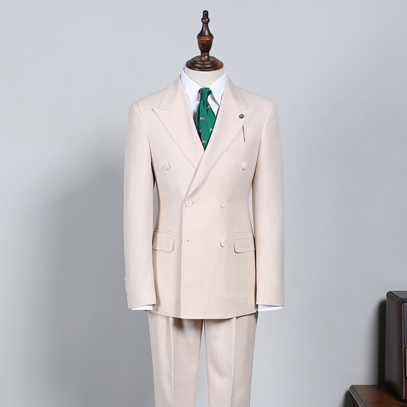 Light Khaki Striped Double Breasted Suit 2