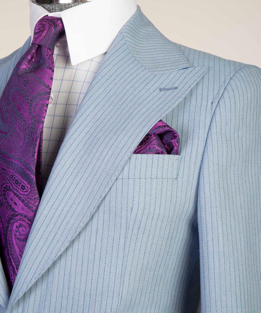 Sky Blue Striped Peaked Lapel Three Pieces Men Business Suit 3