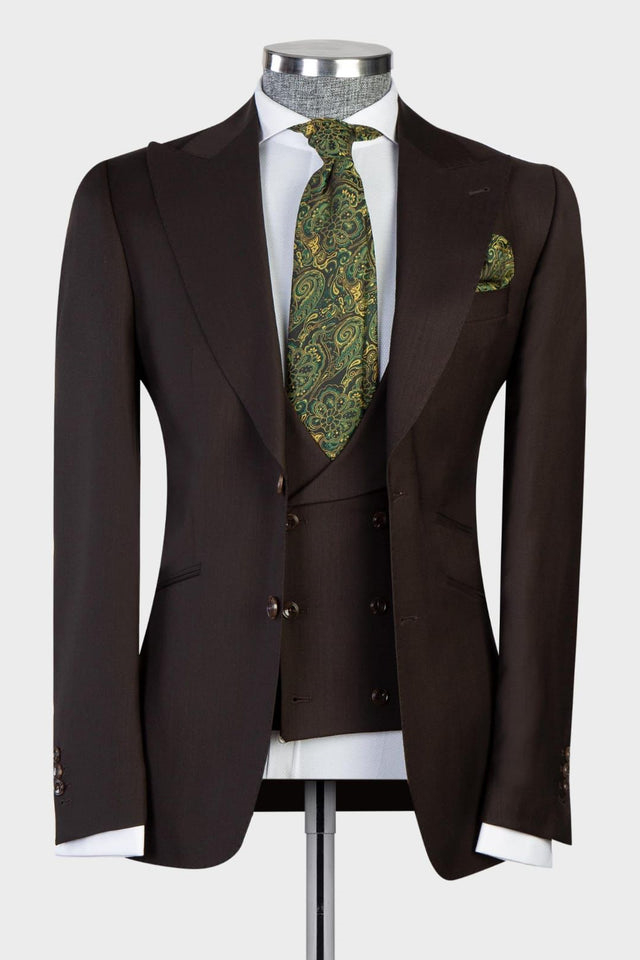 Dark Brown Peaked Lapel Business Men Suit 1