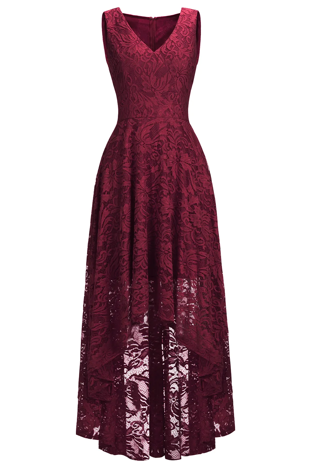 A-line V-neck Sleeveless Hi-Lo Lace Bridesmaid Dress With Ribbons 1