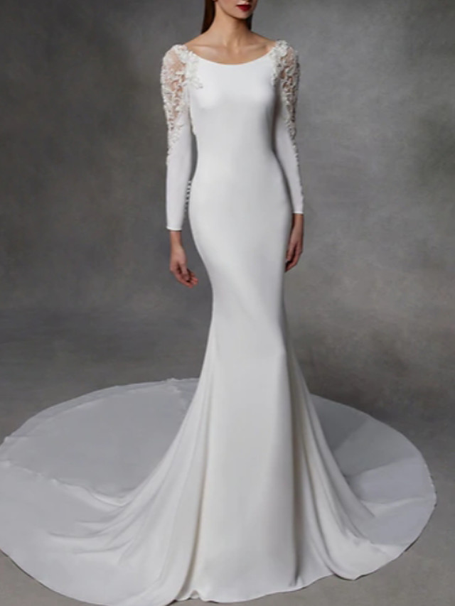 Mermaid Long Sleeves Court Train Tulle Wedding Gown With Lace 1