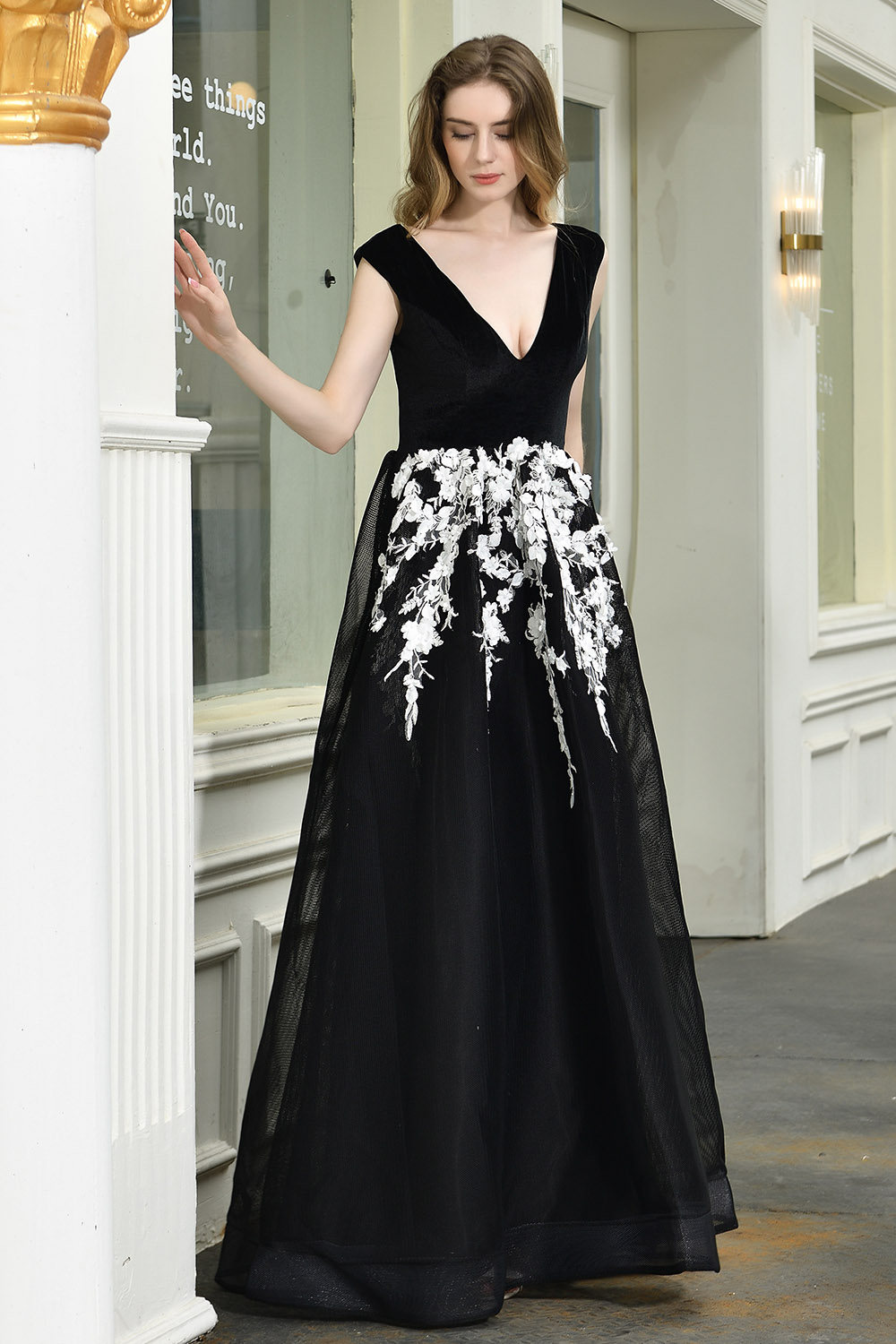 A-line Plunging Neckline Sleeveless Sweep / Brush Train Velvet Evening Dress With Lace 2