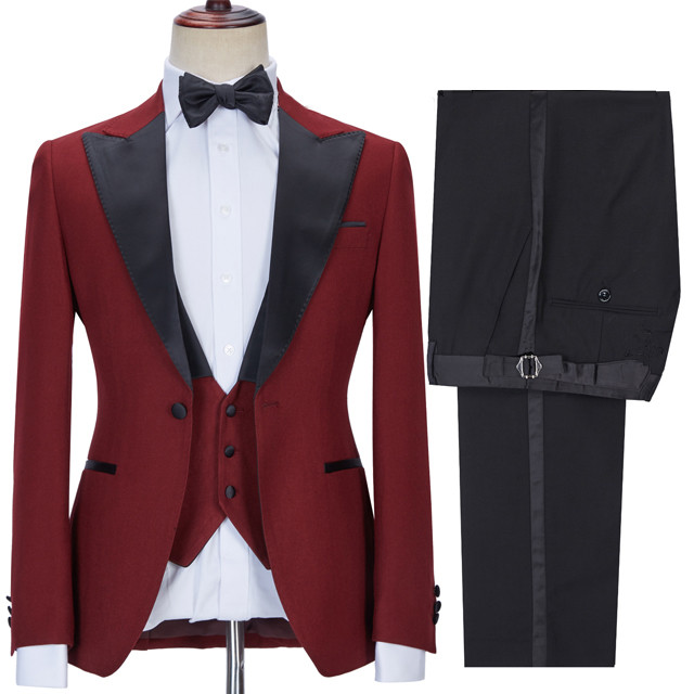 Red Three Pieces Peaked Lapel Prom Suit 3