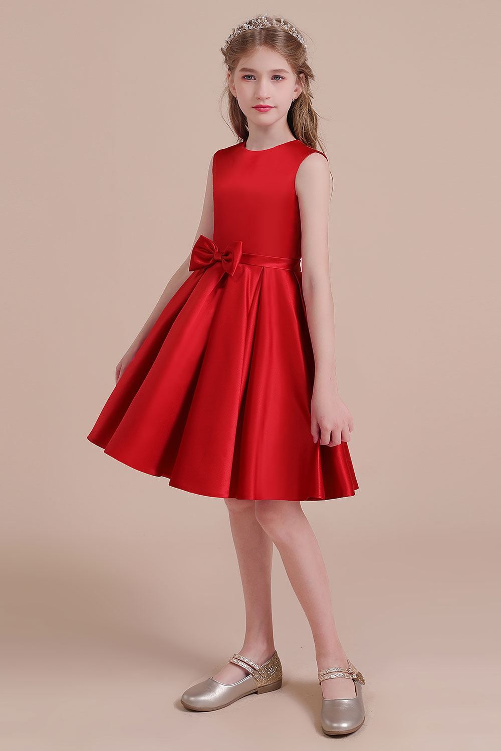 A-line Jewel Neck Sleeveless Knee-length Satin Flower Girl Dress With Bow 4
