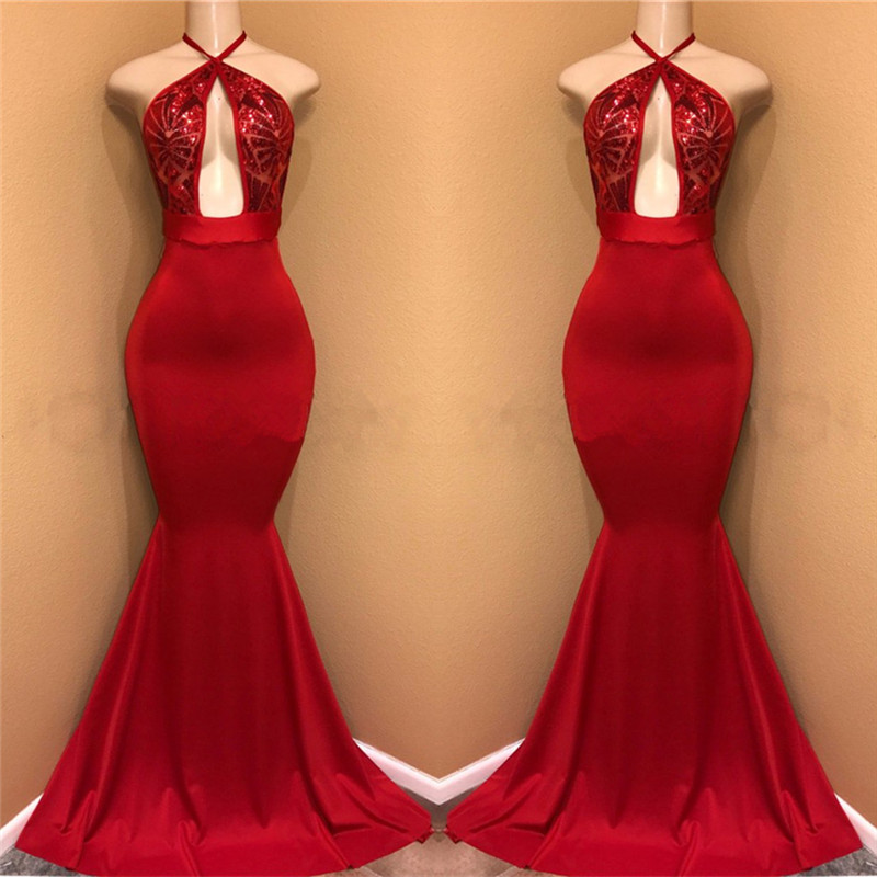 Mermaid Halter-neck Sleeveless Stretch Satin Evening Dress With Sweep / Brush Train 2