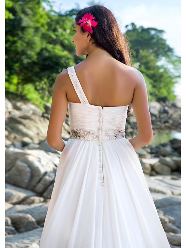 A-line Straps One Shoulder Court Train 100D Chiffon Bridal Gown With Buttons 4
