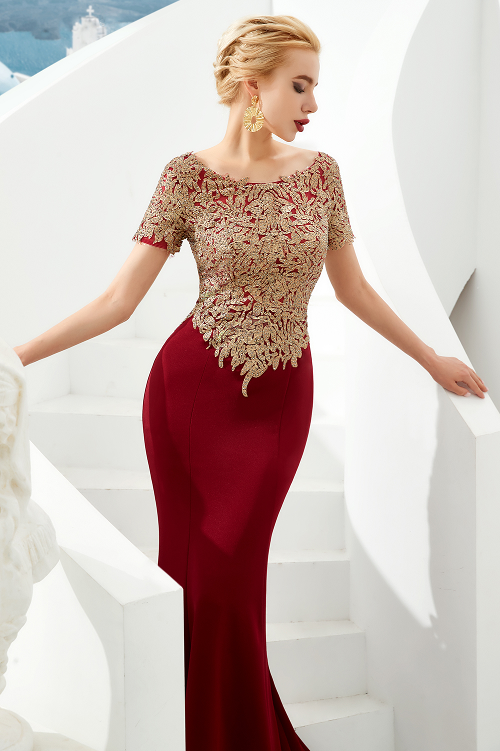 Mermaid Jewel Neck Short Sleeves Chapel Train Four-sided bomb Evening Gown With Lace 4