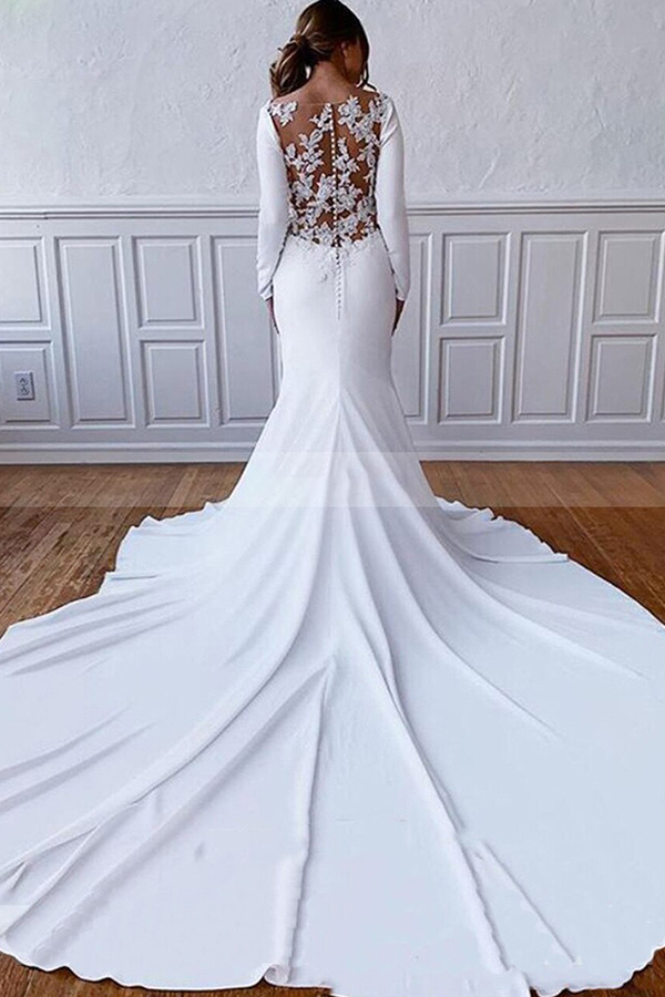 Column Jewel Neck Long Sleeves Cathedral Train Satin Wedding Gown With Beading 2