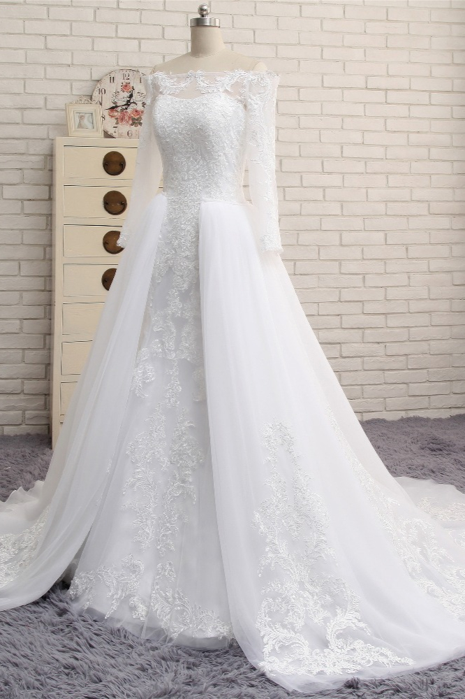 A-line Bateau Neck Long Sleeves Floor-length Tulle Wedding Gown With Lace 3