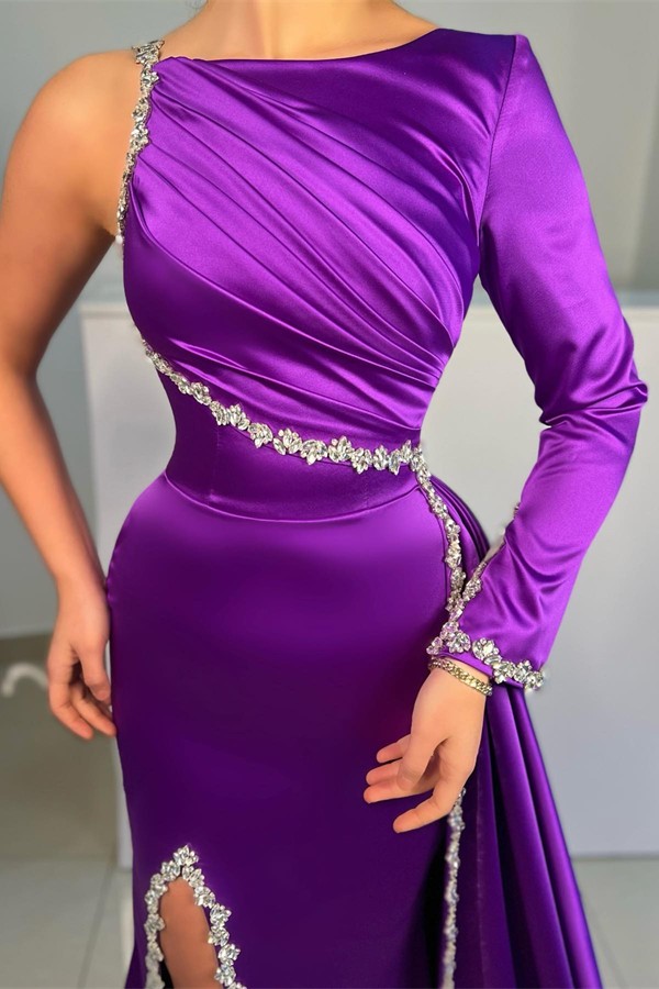 Mermaid One Shoulder Long Sleeves Floor-length Stretch Satin Prom Dress With Ruffles 2