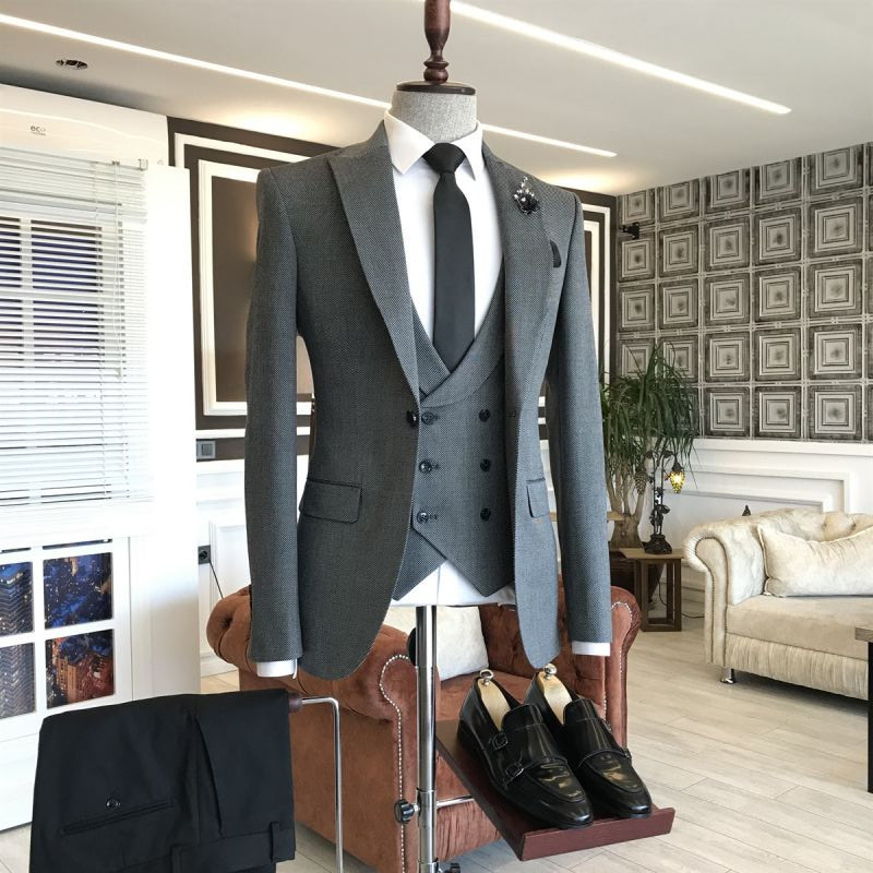 Dark Gray Plaid Single Breasted Business Suit 2