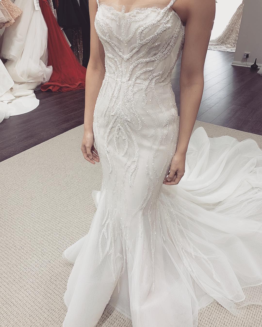 Mermaid Spaghetti Straps Detachable Train Tulle Wedding Gown With Lace 2