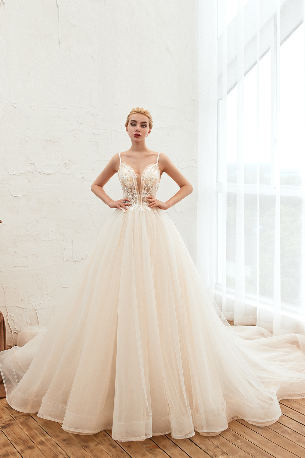 A-line Spaghetti Straps V-neck Sleeveless Cathedral Train Tulle Wedding Dress With Beading 3