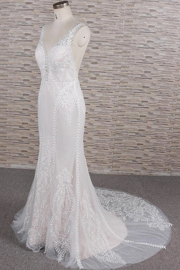 Mermaid V-neck Sleeveless Court Train Tulle Wedding Dress With Appliques 3