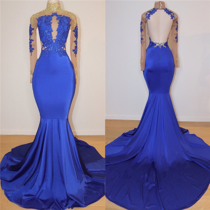 Mermaid High Neck Long Sleeves Sweep / Brush Train Stretch Satin Evening Gown With Appliques 2