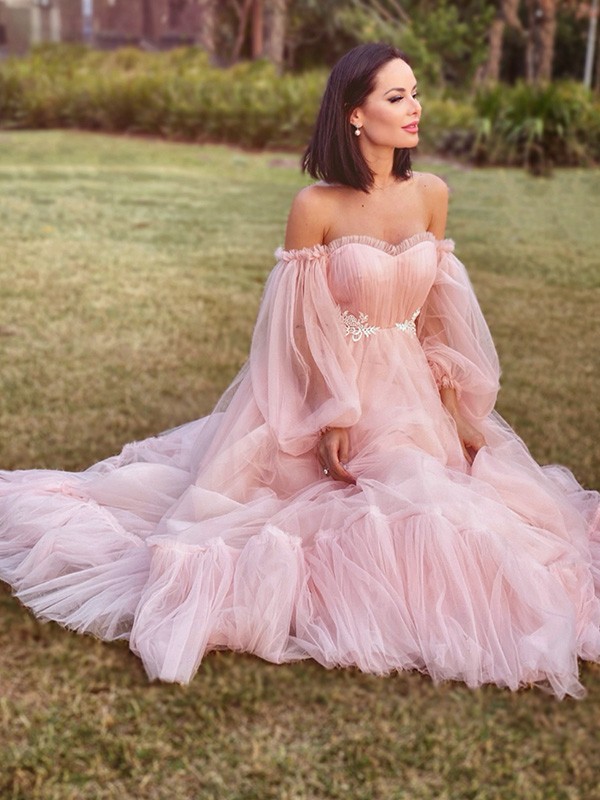 A-line Off-the-shoulder Long Sleeves Floor-length Evening Gown With Appliques 6