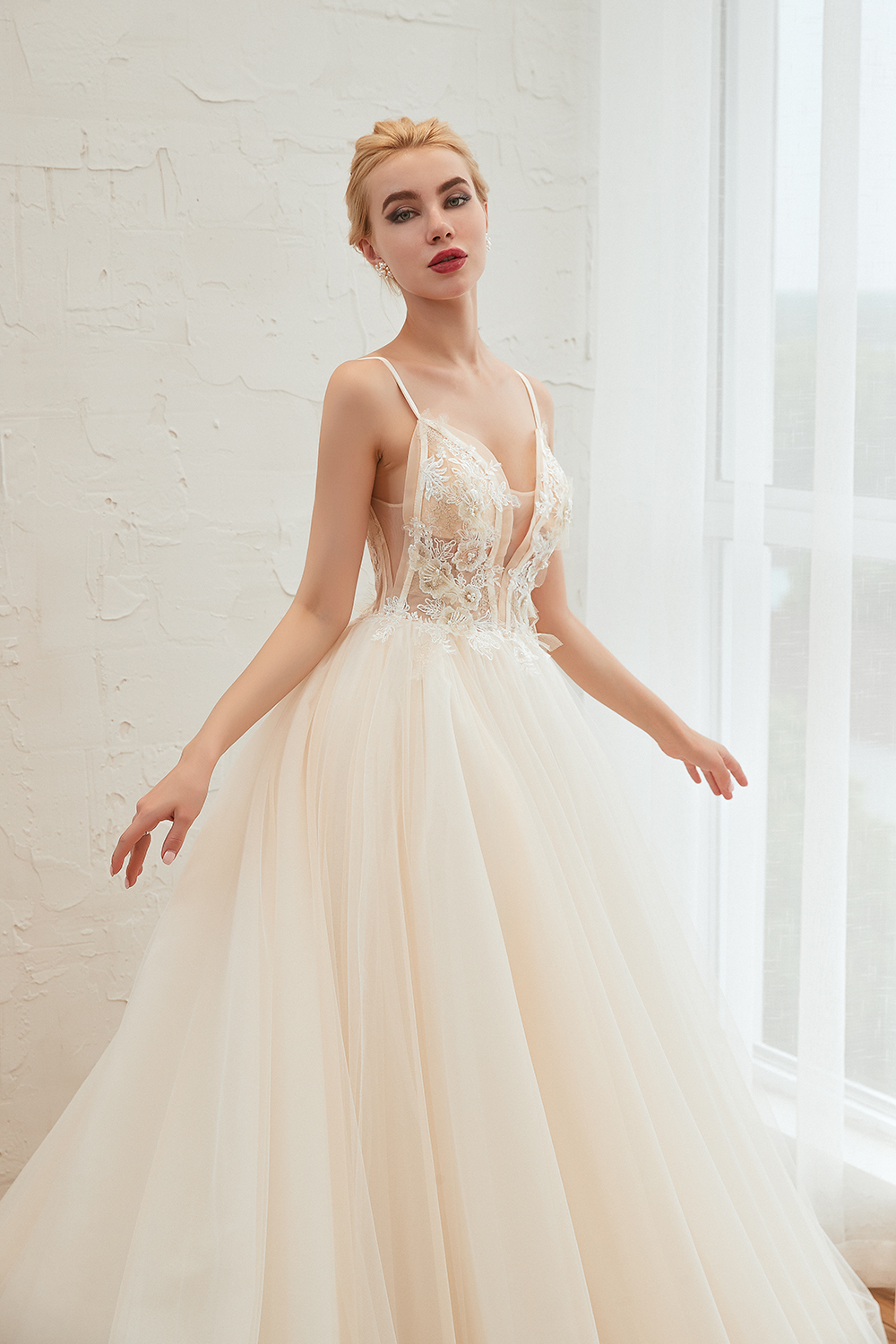 A-line Spaghetti Straps V-neck Sleeveless Cathedral Train Tulle Wedding Dress With Beading 16