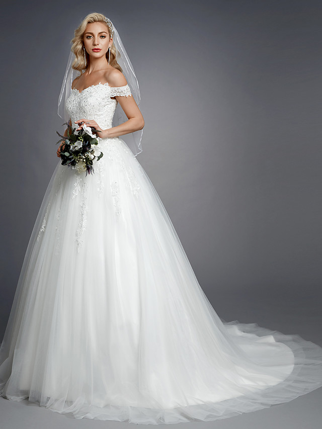 Ball Gown Short Sleeves Court Train Tulle Bridal Gown With Lace 3
