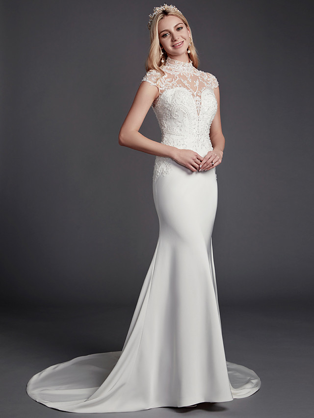 Mermaid Sleeveless Court Train Lace Bridal Gown With Beading 3