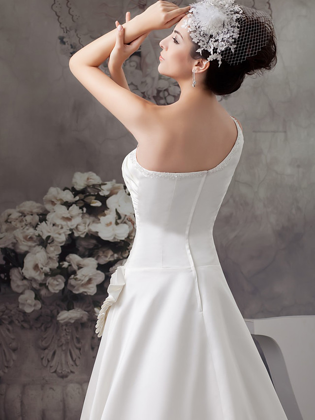 A-line One Shoulder Sleeveless Tulle Wedding Gown With Sweep / Brush Train 5
