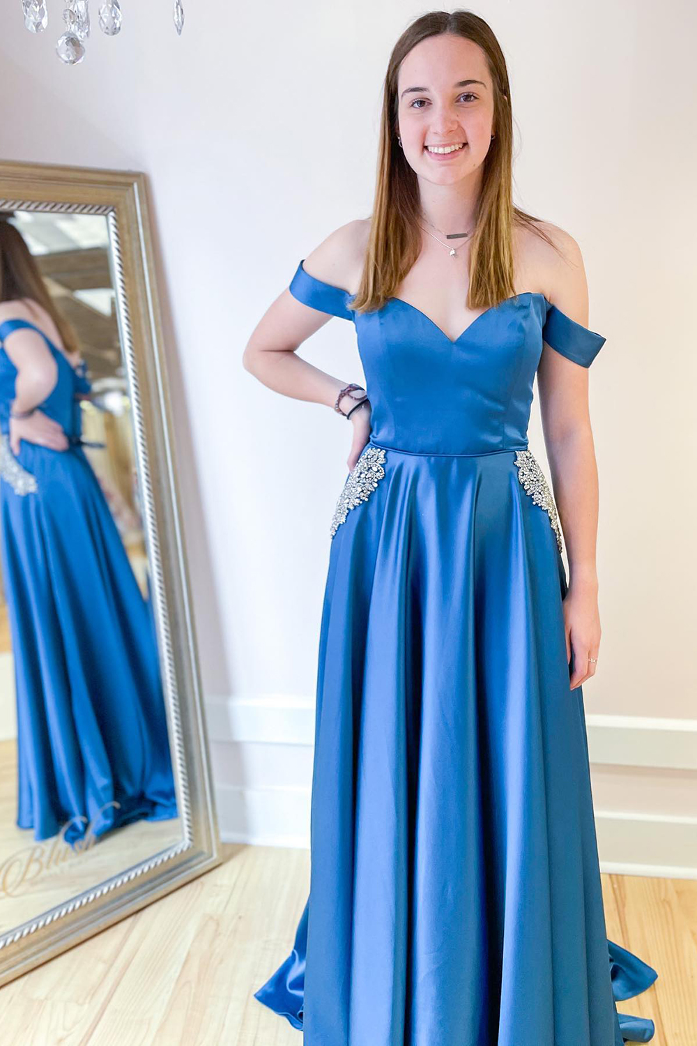 A-line Off-the-shoulder Sleeveless Floor-length Stretch Satin Prom Gown With Ruffles 1