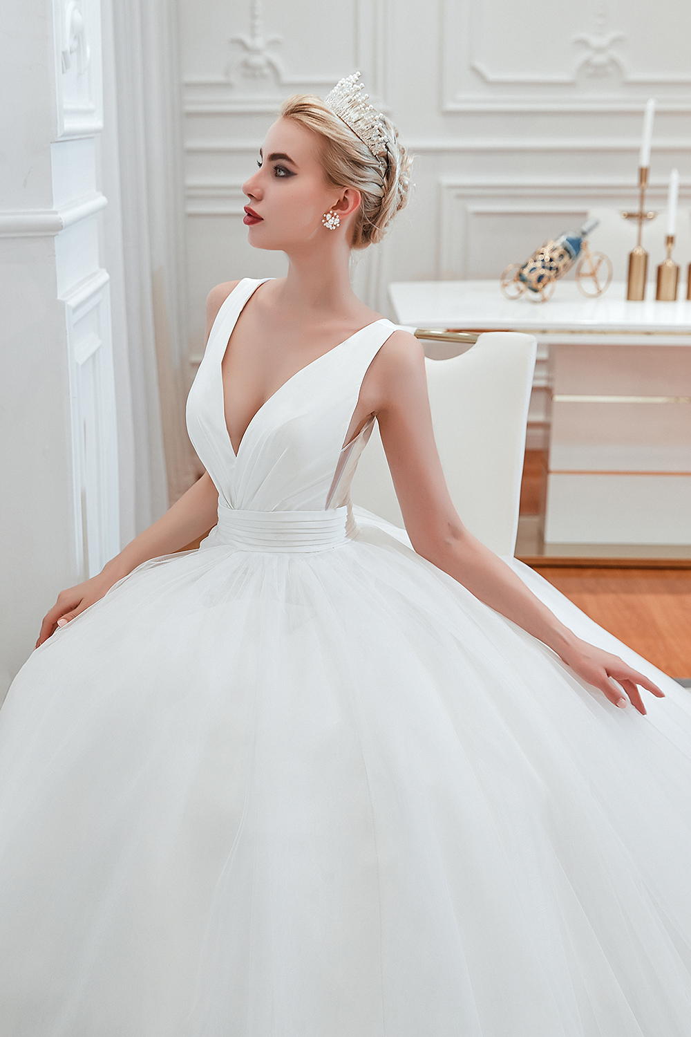V-neck Sleeveless Cathedral Train Satin Bridal Gown With Ruffles 7