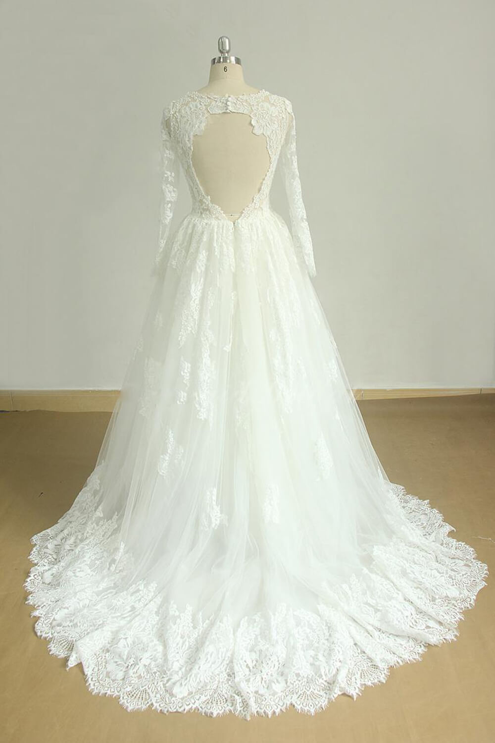 A-line Jewel Neck Long Sleeves Court Train Tulle Wedding Dress With Lace 2