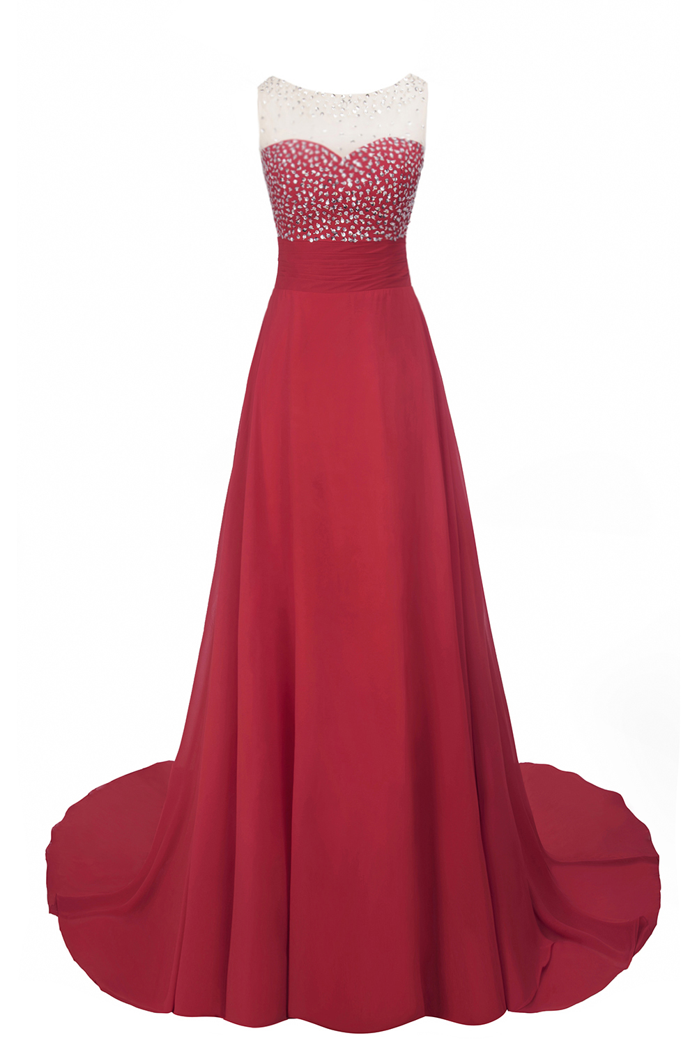 A-line Jewel Neck Sleeveless Court Train 100D Chiffon Evening Dress With Beading 13