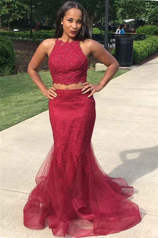 Two Piece Beaded Halter Mermaid Tulle Evening Dress 3