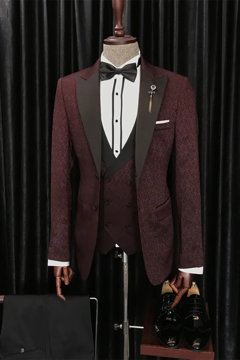 Burgundy Jacquard Wedding Men Suit 1