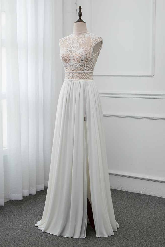 A-line Jewel Neck Sleeveless Floor-length 100D Chiffon Wedding Dress With Pearls 4