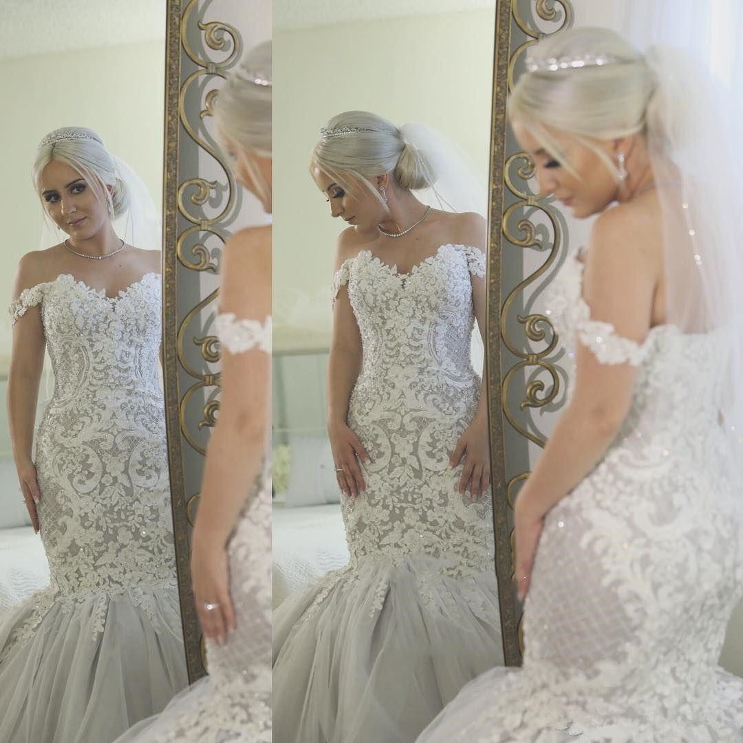 Mermaid Off-the-shoulder Sleeveless Court Train Tulle Wedding Dress With Lace 5