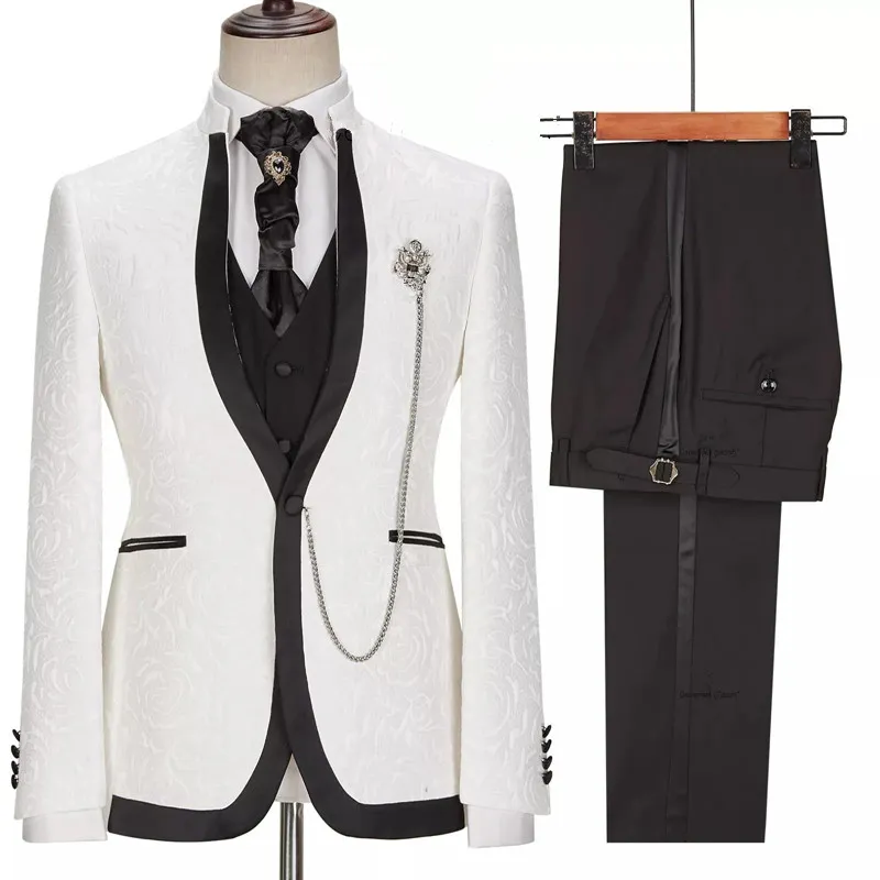 White Jacquard Slim Fit Wedding Suit 2