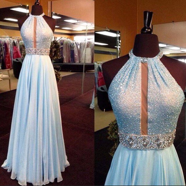 A-line Halter-neck Sleeveless Floor-length 100D Chiffon Formal Wear With Beading 1