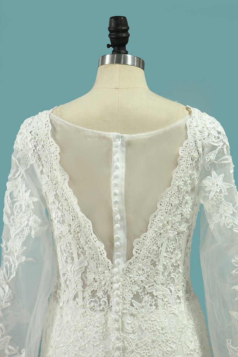 Mermaid Square Neck Long Sleeves Floor-length Tulle Wedding Dress With Appliques 4