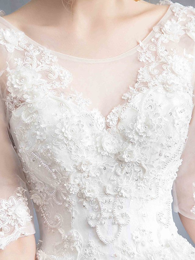 Ball Gown Scoop Neck Half-Sleeves Chapel Train Lace Bridal Gown With Lace 10