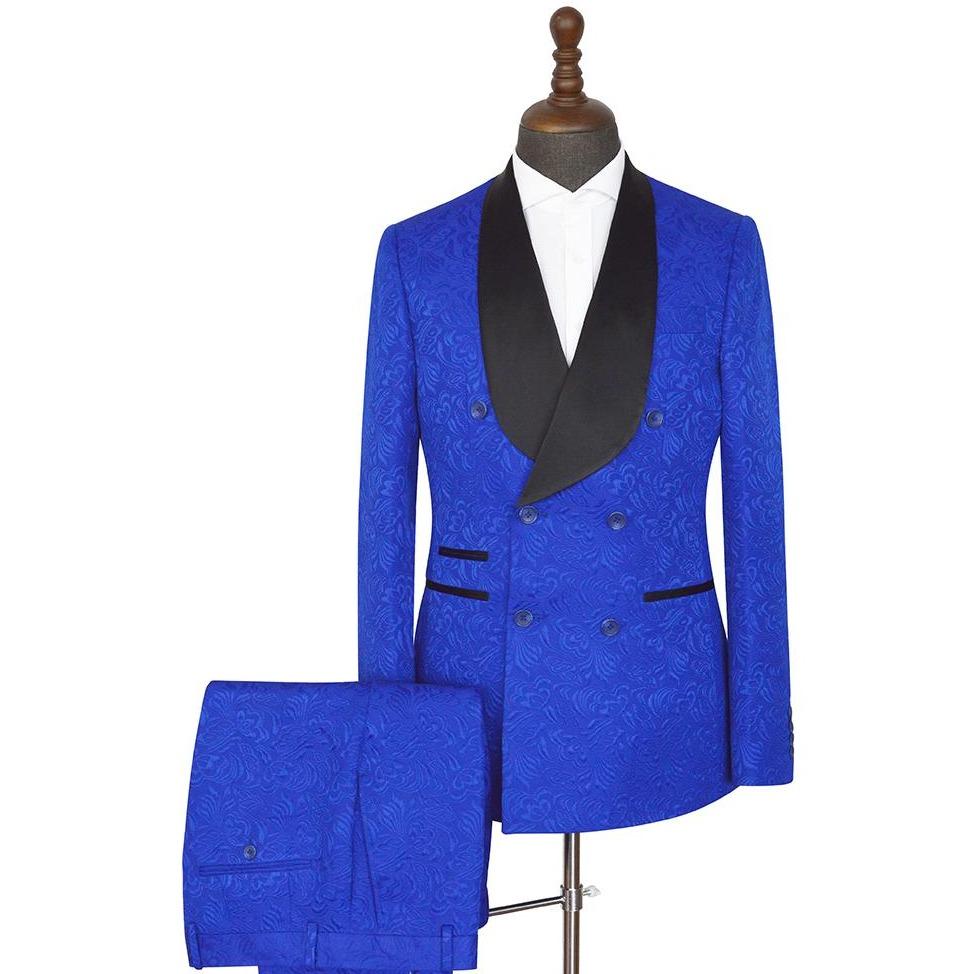 Royal Blue Double Breasted Jacquard Wedding Suit with Shawl Lapel 2