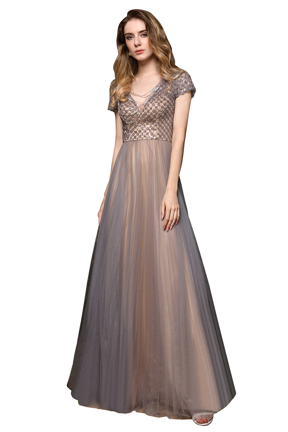 A-line V-neck Short Sleeves Floor-length Tulle Formal Dress With Sequins 3