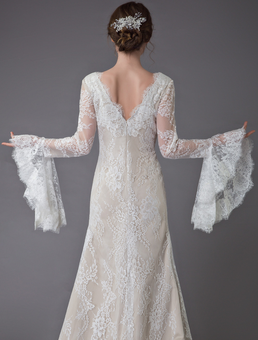 Column Plunging Neckline Long Sleeves Court Train Lace Bridal Dress With Lace 10