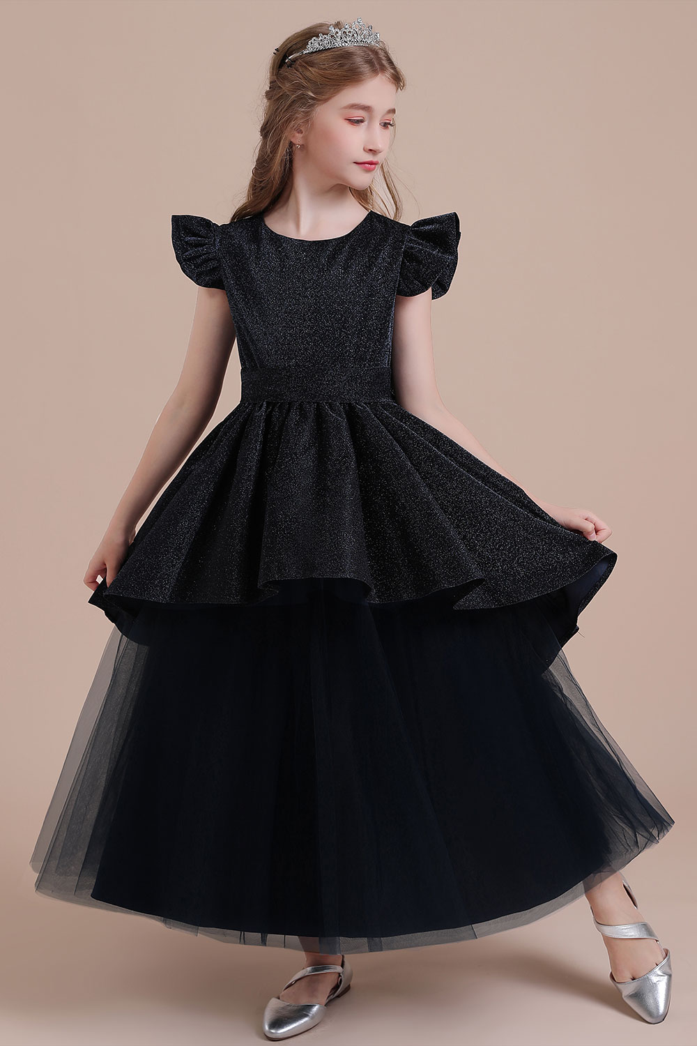 A-line Short Sleeves Ankle-length Tulle Flower Girl Dress With Tiered 3