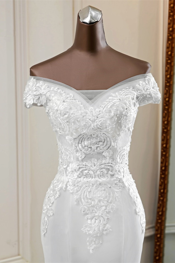 Mermaid Off-the-shoulder Floor-length Lace Bridal Attire With Beading 5