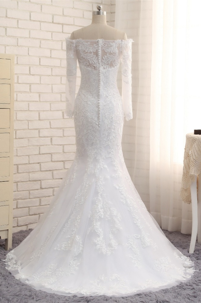A-line Bateau Neck Long Sleeves Floor-length Tulle Wedding Gown With Lace 4