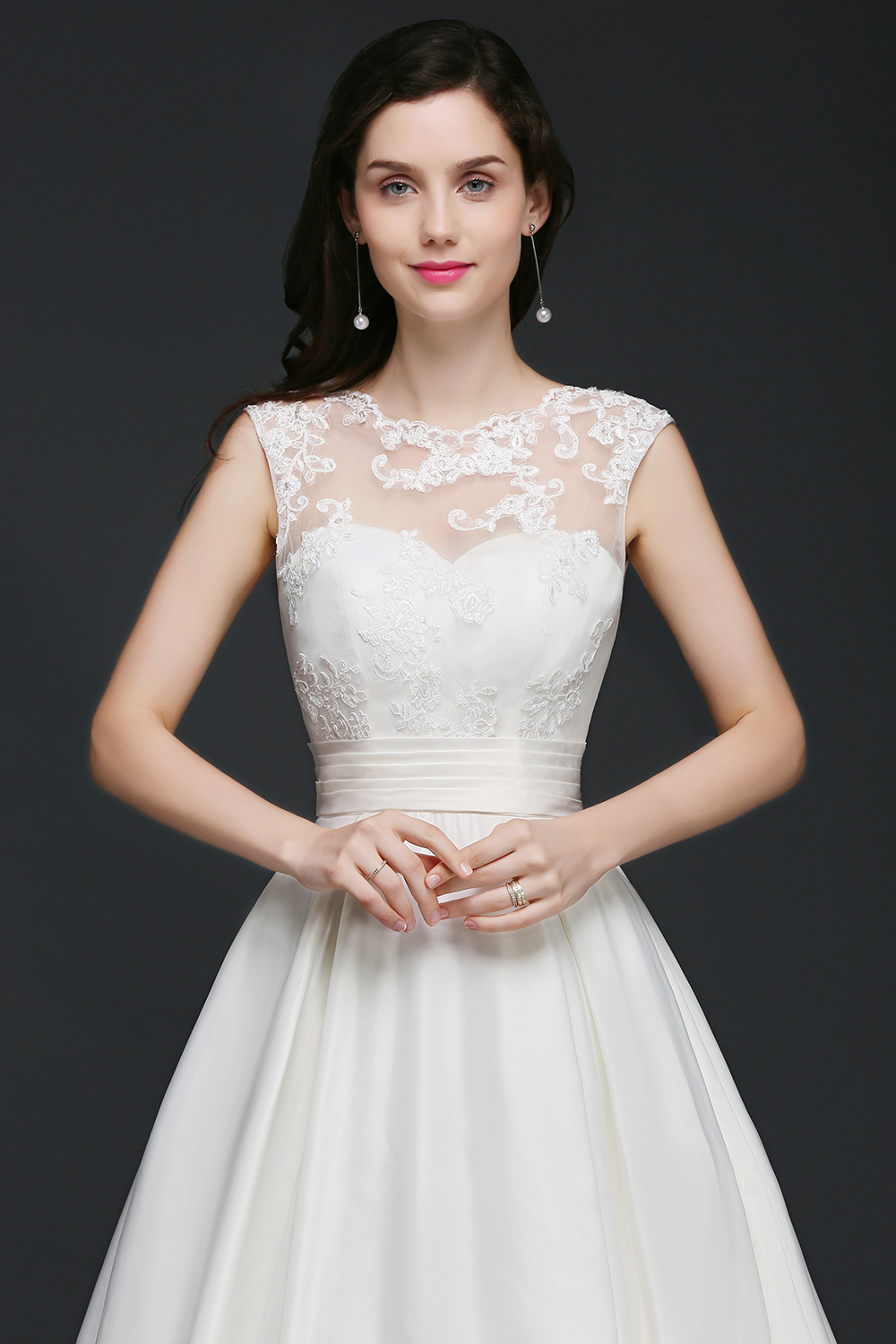 A-line Jewel Neck Sleeveless Court Train Satin Bridal Dress With Lace 6