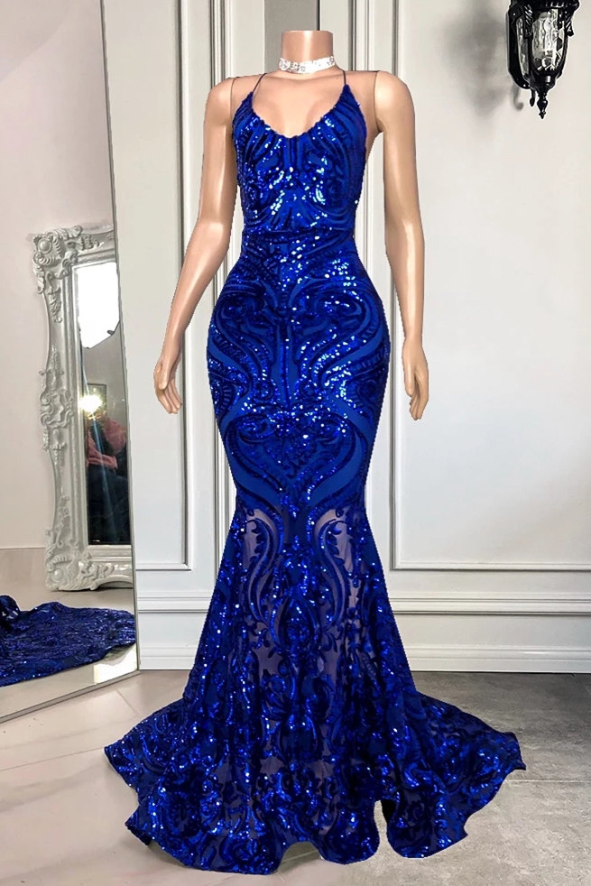 Column Spaghetti Straps Sleeveless Floor-length Evening Dress With Sequins 2