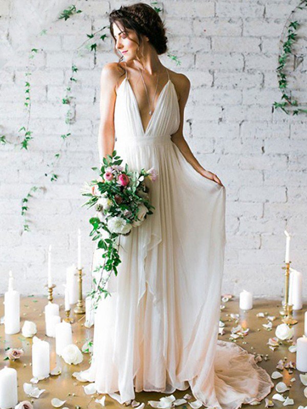 A-line Spaghetti Straps Sleeveless Sweep / Brush Train 100D Chiffon Bridal Gown With Ruffles 1