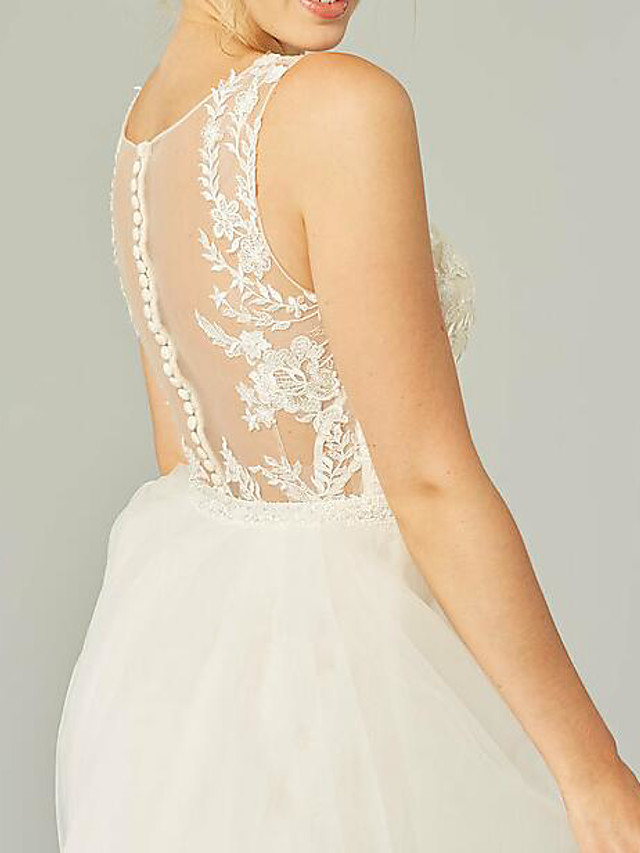 A-line Sleeveless Sweep / Brush Train Tulle Wedding Gown With Lace 3