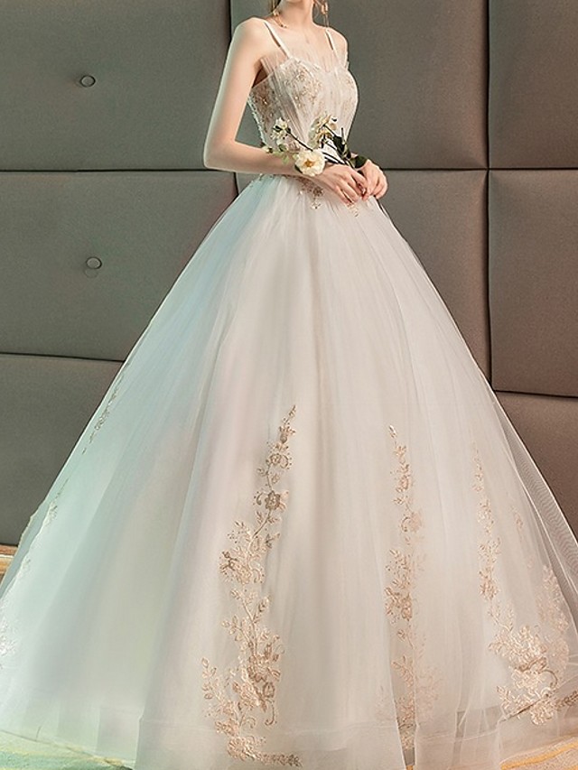 A-line Strapless Sleeveless Floor-length Tulle Bridal Dress With Lace 3