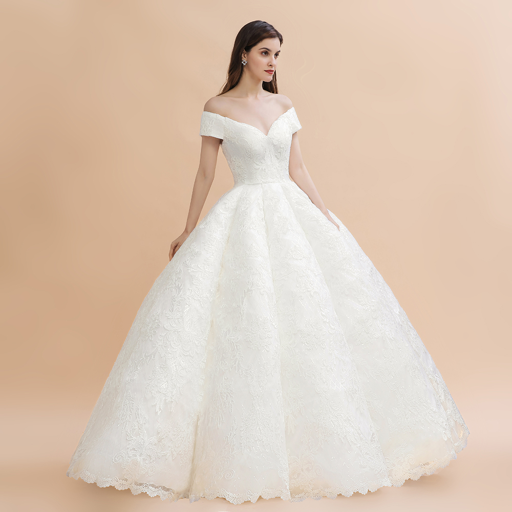 Ball Gown Off-the-shoulder Cap Sleeves Sweep / Brush Train Hard Net Wedding Gown With Appliques 6
