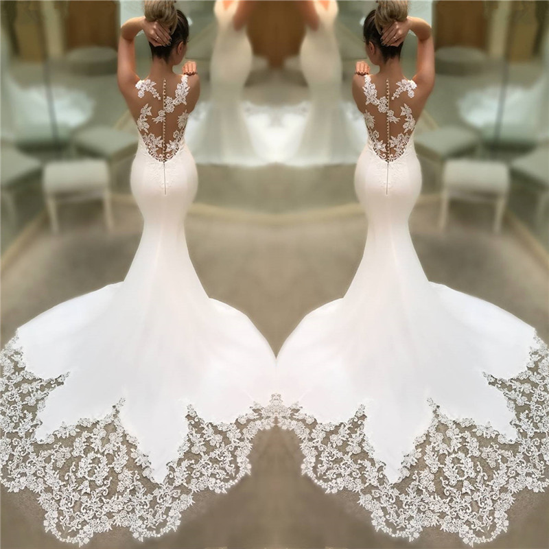 Mermaid V-neck Sleeveless Chapel Train Satin Wedding Gown With Lace 2