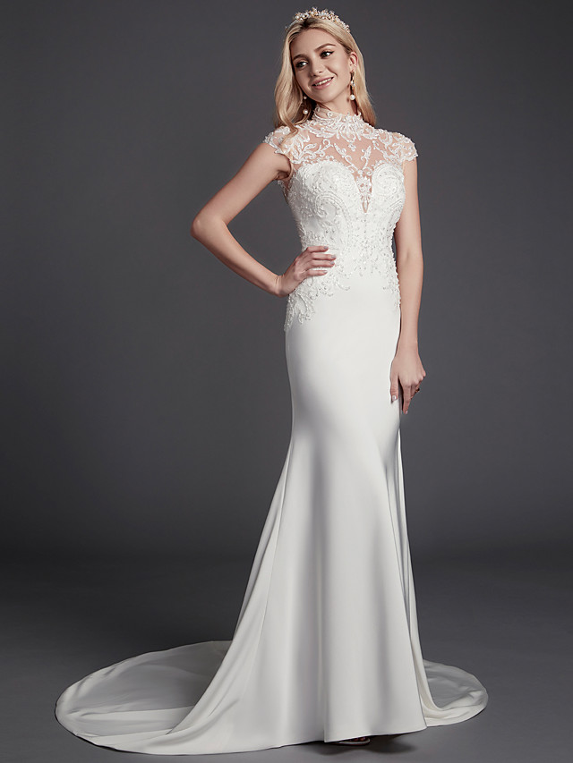 Mermaid Sleeveless Court Train Lace Bridal Gown With Beading 5